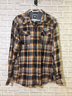 G-Star Men's Orange, Navy & Cream Plaid Button-Down Shirt, XXXL